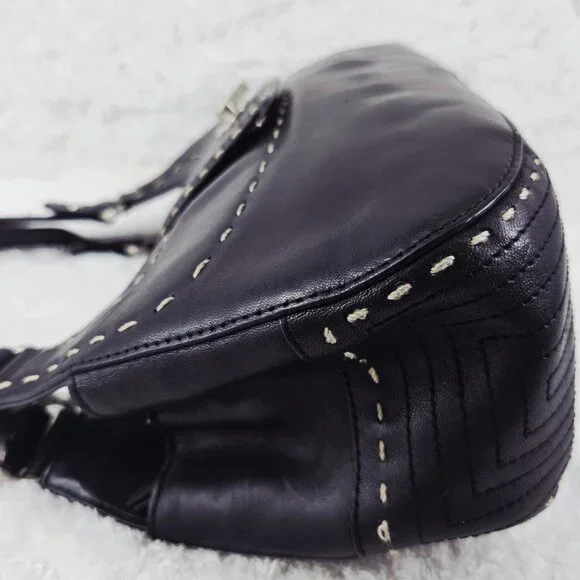 TALBOTS Black Smooth Leather Shoulder Bag Decorative Top Stitching Retro - Picture 5 of 15